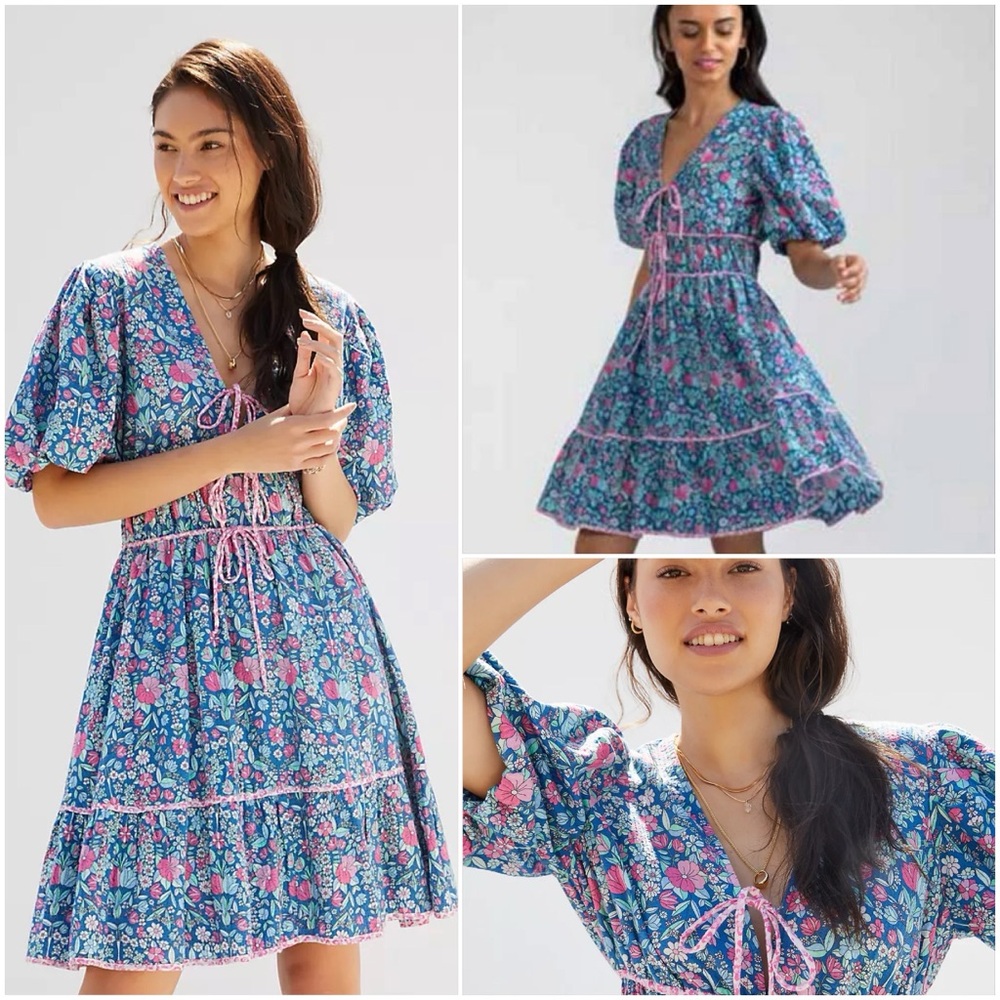 Shoshanna - Blue & Pink Floral Cotton Cropped Sleeve Dress Sz 6 - like new!